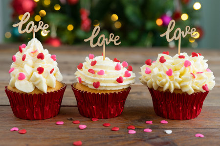 Three cupcakes decorated on wooden background with LOVE sign and out-of-focus Christmas tree in background. Copyspace.の写真素材