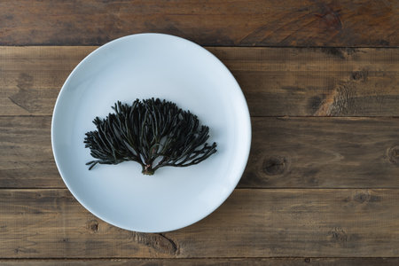 Codium fragile. Green algae in a ceramic dish on a wooden background. Copyspace. top view.の写真素材