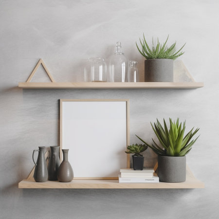 Wall with two shelves and decorative objects with plants generated with AI. AI-generated resource.の素材
