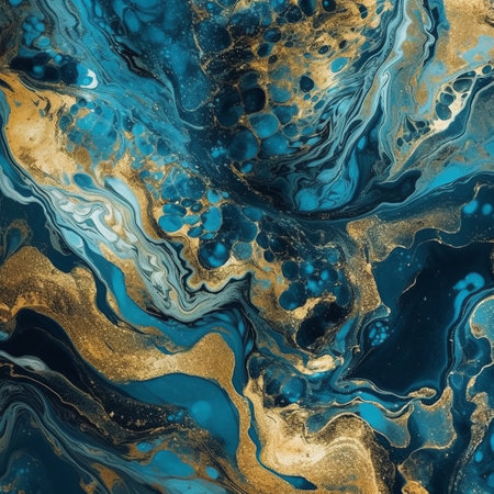 The painting is a beautiful blue and gold swirl with a lot of gold glitter. It has a calming and serene mood, and it seems to be a representation of the oceanの写真素材