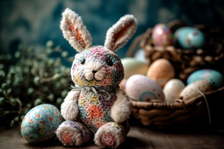 A rabbit is sitting on a table next to a basket of Easter eggs. The rabbit is wearing a bow and he is a crocheted toy. The basket of eggs is filled with a variety of colors and sizesの写真素材