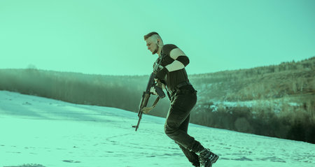 Special forces soldiers with weapon take part in military maneuver. war, army, technology and army...