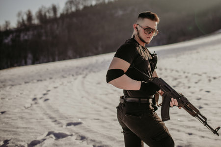 Special forces soldiers with weapon take part in military maneuver. war, army, technology and army...