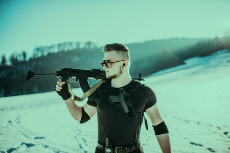 Special forces soldiers with weapon take part in military maneuver. war, army, technology and army conceptの写真素材