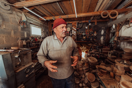 A senior man processing wooden dishes in the workshop in the traditional manual way