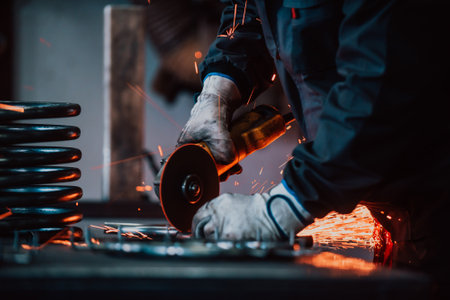 Locksmith in special clothes and goggles works in production. Metal processing with angle grinder....