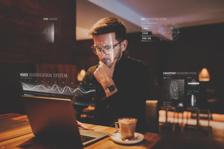 Biometric security, the hologram of online security. Biometric security of eye, voice, finger and...