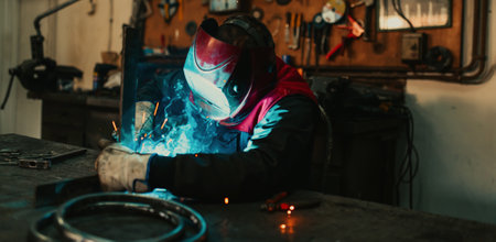 Welder erecting technical steel. Industrial steel welder in factory technicalの写真素材