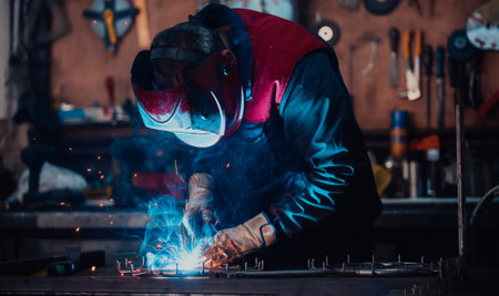 Welder erecting technical steel. Industrial steel welder in factory technicalの写真素材