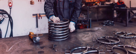 Locksmith in special clothes and goggles works in production. Metal processing with angle grinder. Sparks in metalworking.の写真素材