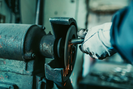 A locksmith grinding pieces of iron on a machine