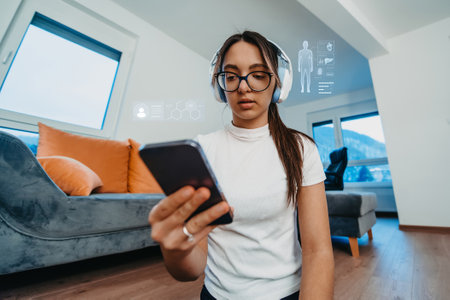 A woman using a smartphone while doing various exercises at home, surrounded by holograms displaying...