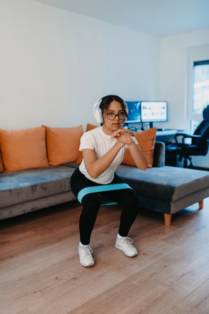 A young woman doing squats in a modern apartment, wearing headphones on her head, indicating shes...