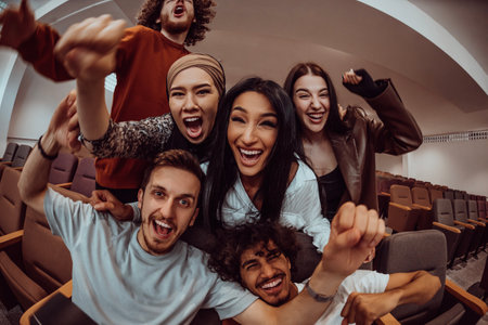 In a heartwarming scene, a diverse group of friends gathers around a television, radiating joy and unity as they collectively witness and celebrate a joyful event together.の写真素材