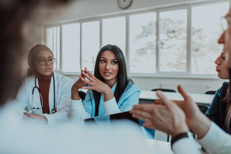 A group of multiethnic medical professionals including doctors, surgeons, and nurses are gathered in...