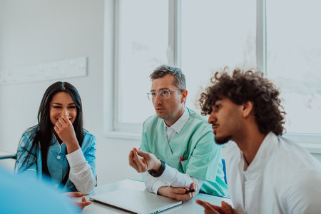 A group of multiethnic medical professionals including doctors, surgeons, and nurses are gathered in a hospital setting discussing patient care and using modern technology to address challenges in the medical field.の写真素材