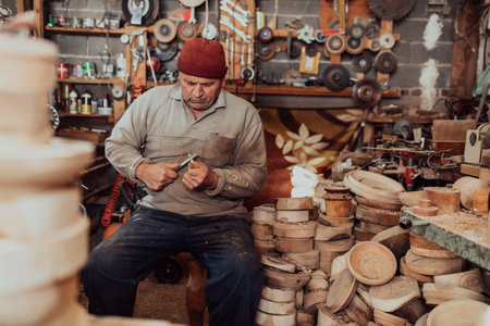A senior man sitting in the workshop and processing wooden utensils in the old manual wayの写真素材