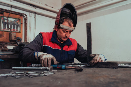 Welder erecting technical steel. Industrial steel welder in factory technical