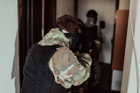 Photo of a paintball team in action with professional equipment.Selective focusの写真素材