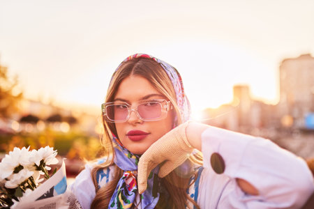 Charm of a woman adorned in an exquisite blue traditional dress, carrying a blue handbag and a bouquet of flowers, gracefully strolling through the city at sunset, creating a mesmerizing scene of elegance, cultural richness, and the tranquil ambiance of dusk.の写真素材