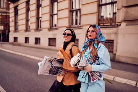 Couple woman one wearing a hijab and a modern yet traditional dress, and the other in a blue dress...