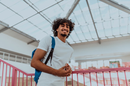 An Afro-American student with a blue backpack, sporting a modern Afro hairstyle and a wide smile, radiates enthusiasm and represents the vibrant spirit of a modern university, embodying ambition, diversity, and a passion for learning and personal growth.の写真素材