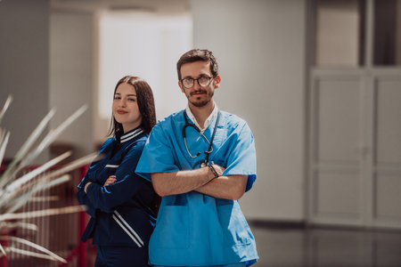A doctor and nurse stand confidently with their arms crossed in the hallway of a modern hospital, exuding professionalism, teamwork and dedicationの写真素材