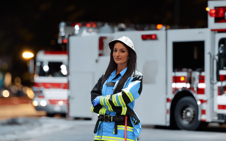 A portrait of a woman in a firefighter uniform with crossed arms, background of a nighttime street...