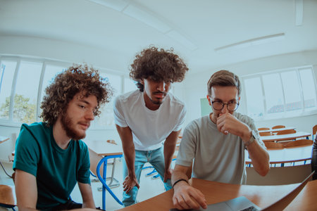A diverse studetns group, including an Afro American with an afro hairstyle communicating and engage...
