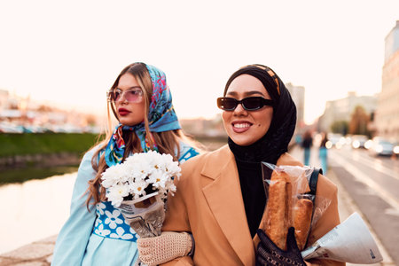 Couple woman one wearing a hijab and a modern yet traditional dress, and the other in a blue dress and scarf, walking together through the city at sunset. One carries a bouquet and bread, while the other holds a blue handbag, symbolizing a beautiful fusion of cultures, friendship, and serene urban charmの写真素材