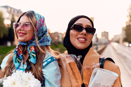 Couple woman one wearing a hijab and a modern yet traditional dress, and the other in a blue dress and scarf, walking together through the city at sunset. One carries a bouquet and bread, while the other holds a blue handbag, symbolizing a beautiful fusion of cultures, friendship, and serene urban charmの写真素材
