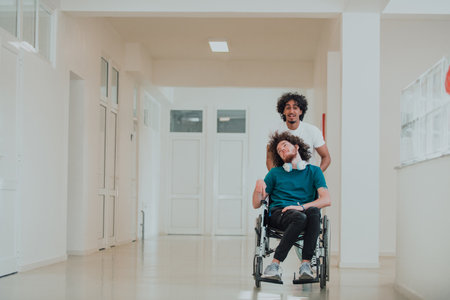 African-American hospital technician compassionately navigating the hospital hallways, pushing his wheelchair-bound colleague, symbolizing unity, support, and inclusivityの写真素材