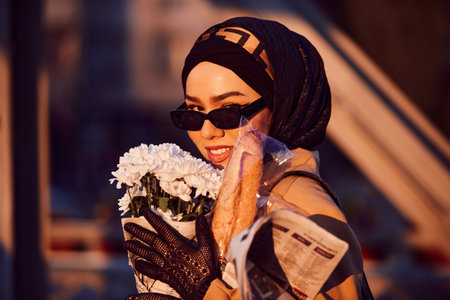 A hijab woman in stylish sunglasses and an elegant French outfit, walking through the city at sunset, carrying a bouquet, bread, and newspaper, radiating a sense of cultural charm and serenityの写真素材