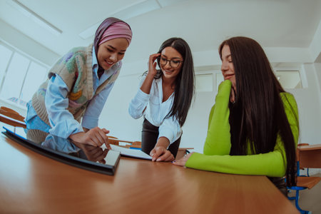 Group of business woman one of them is wearing a hijab, are reviewing papers and a laptop together, creating new business projects, demonstrating teamwork, collaboration, and productivity.の写真素材