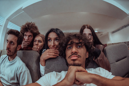 A diverse group of friends with terrified expressions together in a cinema to watch a horror film,...