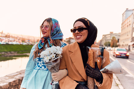 Couple woman one wearing a hijab and a modern yet traditional dress, and the other in a blue dress and scarf, walking together through the city at sunset. One carries a bouquet and bread, while the other holds a blue handbag, symbolizing a beautiful fusion of cultures, friendship, and serene urban charmの写真素材