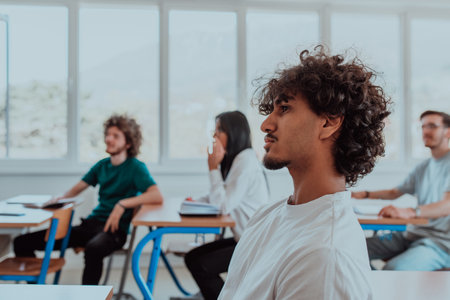 A group of diverse students engages in lively discussion as they educate themselves in a modern classroom, embracing the power of collaboration and knowledge exchange.の写真素材