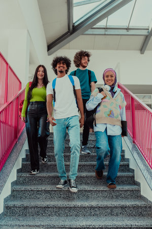 A group of diverse students, including an African American man and a Muslim girl wearing a hijab, walk together through the modern hallways of the university, symbolizing inclusivity and the power of education to bring people from different backgrounds together.の写真素材