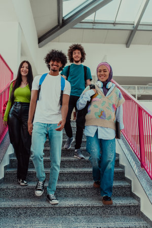 A group of diverse students, including an African American man and a Muslim girl wearing a hijab, walk together through the modern hallways of the university, symbolizing inclusivity and the power of education to bring people from different backgrounds together.の写真素材