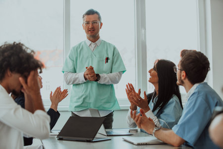 A team of doctors and a medical nurse applauding their colleague after a presentation in a meeting roomの写真素材
