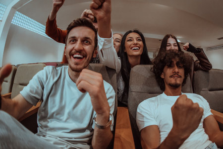In a heartwarming scene, a diverse group of friends gathers around a television, radiating joy and unity as they collectively witness and celebrate a joyful event together.の写真素材