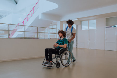 African American student pushing his friends wheelchair through a modern school, demonstrating inclusion, accessibility, and the power of friendship.Assistance to people with disabilitiesの写真素材