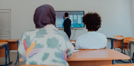 A diverse group of students is attentively listening, actively participating, and embracing modern education in a dynamic classroom setting, fostering collaboration and stimulating creativity.の写真素材