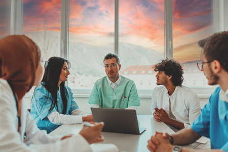 A group of multiethnic medical professionals including doctors, surgeons, and nurses are gathered in a hospital setting discussing patient care and using modern technology to address challenges in the medical field.の写真素材