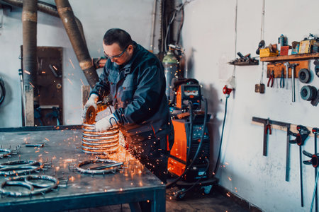 Locksmith in special clothes and goggles works in production. Metal processing with angle grinder....