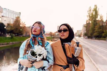 Couple woman one wearing a hijab and a modern yet traditional dress, and the other in a blue dress and scarf, walking together through the city at sunset. One carries a bouquet and bread, while the other holds a blue handbag, symbolizing a beautiful fusion of cultures, friendship, and serene urban charmの写真素材