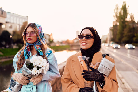 Couple woman one wearing a hijab and a modern yet traditional dress, and the other in a blue dress and scarf, walking together through the city at sunset. One carries a bouquet and bread, while the other holds a blue handbag, symbolizing a beautiful fusion of cultures, friendship, and serene urban charmの写真素材