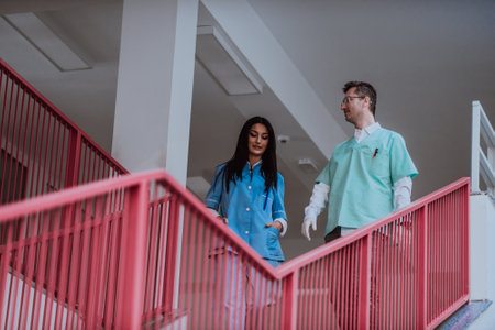 A doctor in a discussion with a nurse about medical problems and patient care in a modern hospital, highlighting their collaborative approach, expertise, and dedication to finding effective solutions and providing compassionate healthcareの写真素材