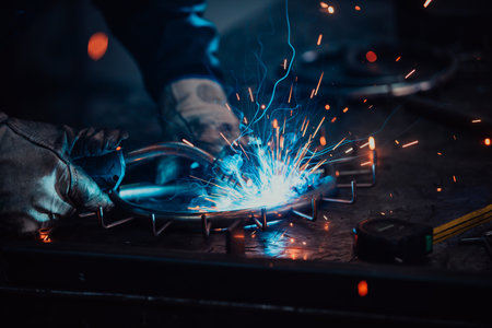 Close up of the steel welding process. Work in the heavy steel industryの写真素材