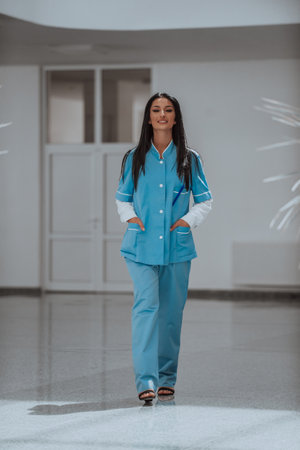 A nurse in a blue uniform standing in the corridor of a modern hospitalの写真素材